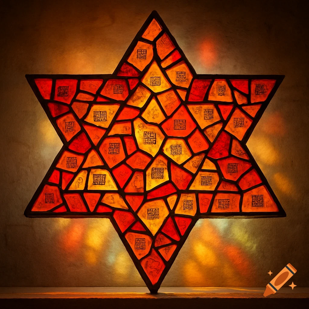 A Star of David rendered in red, orange, and yellow stained glass with abstract symbols etched into the pieces, casting colored light.