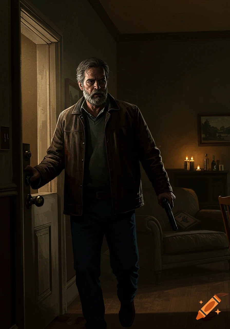 A bearded man with a gun is opening a door in a dim room.