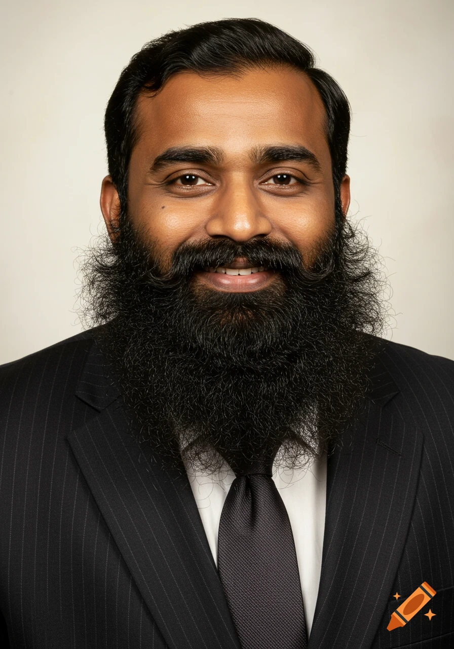Close-up portrait of a smiling South Asian man with a large black beard wearing a suit and tie.