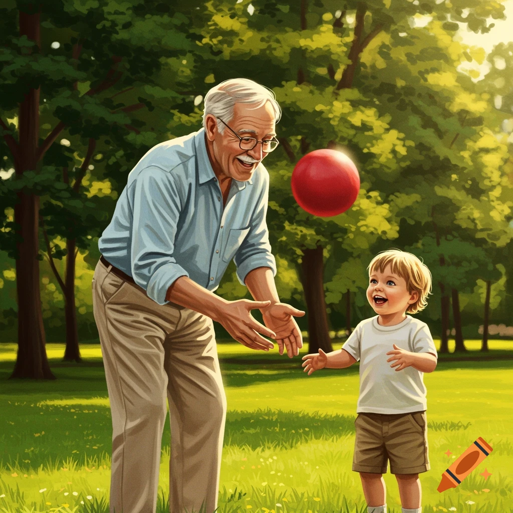 A grandfather and grandson playing catch with a red ball in a sunny park.