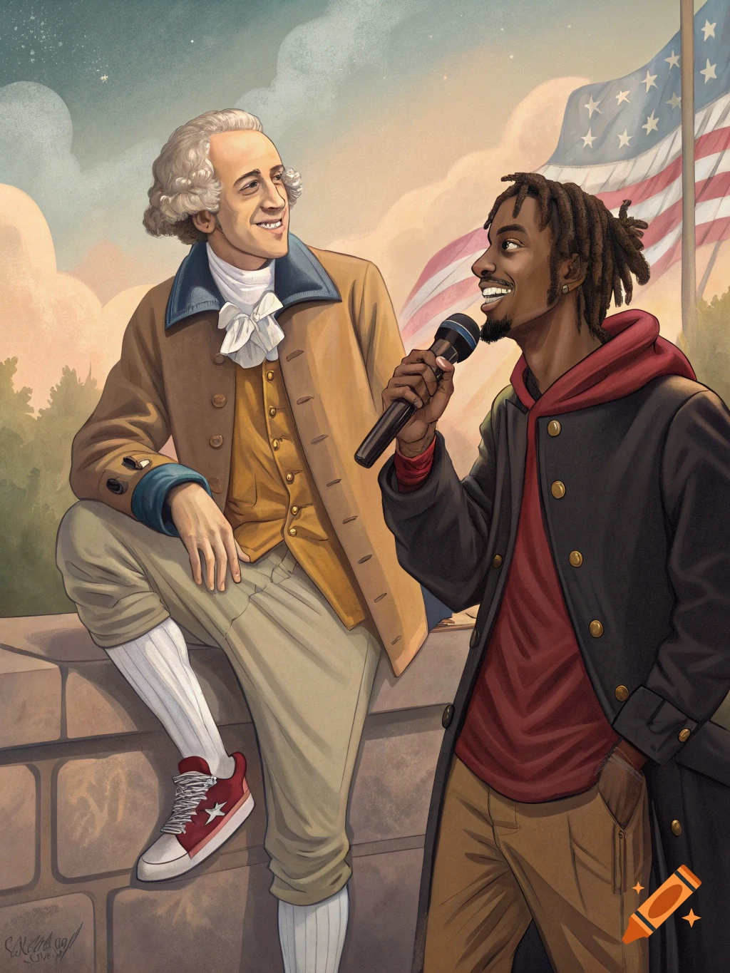 Illustration of George Washington talking to Playboi Carti holding a microphone, sitting on a wall in front of an American flag.