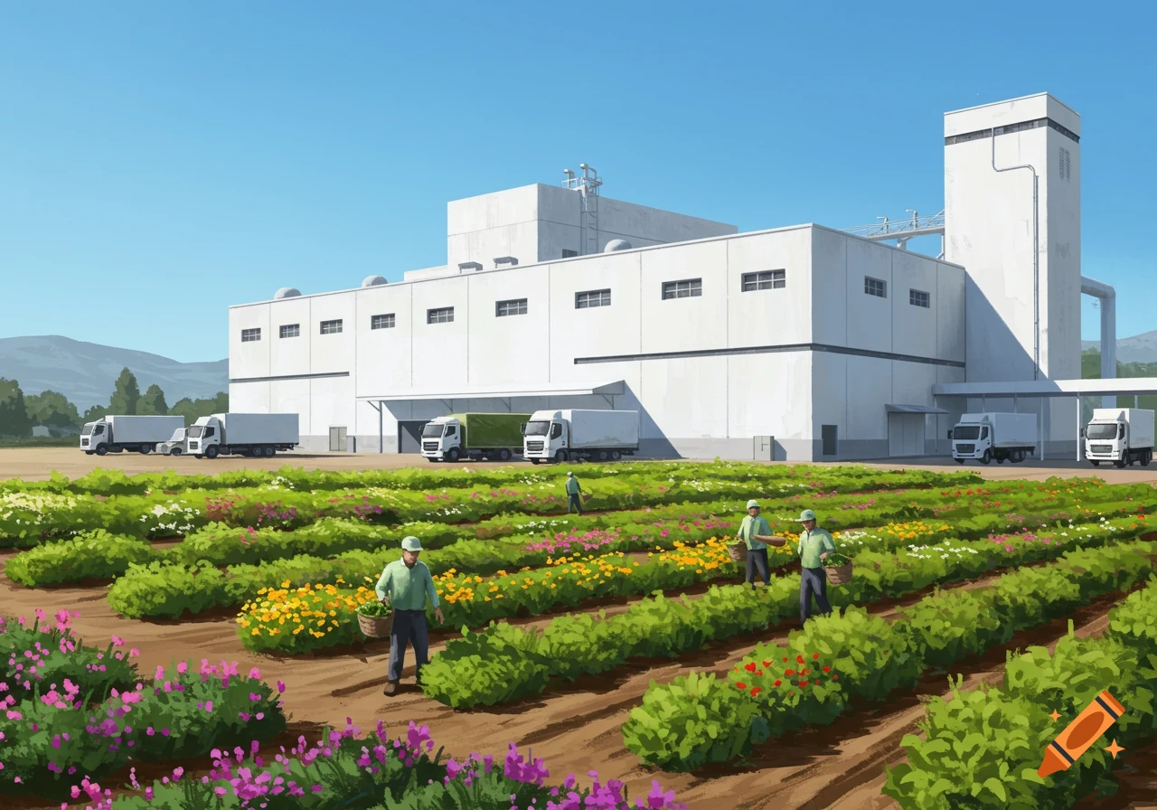 A factory stands next to a field where workers harvest crops, with trucks parked nearby.