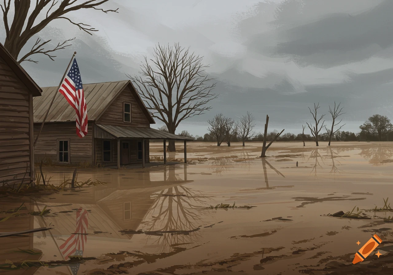 A house with an American flag stands in a flooded rural landscape under a stormy sky.