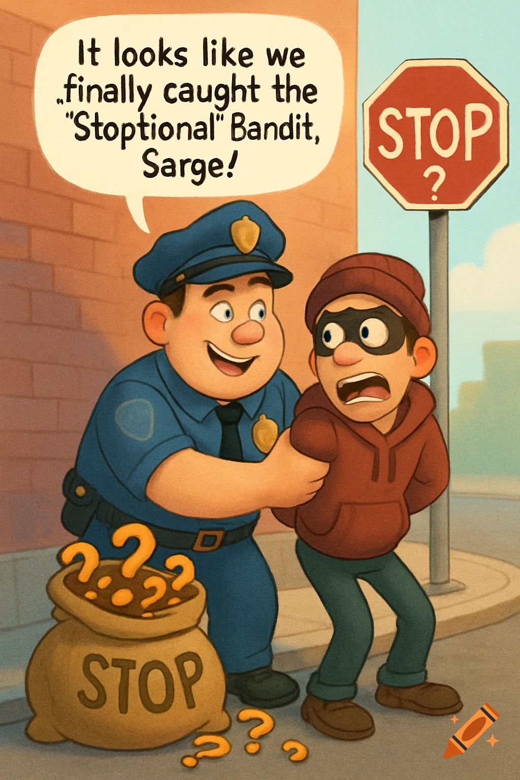 Cartoon police officer arrests bandit next to a stop sign and bag of question marks.