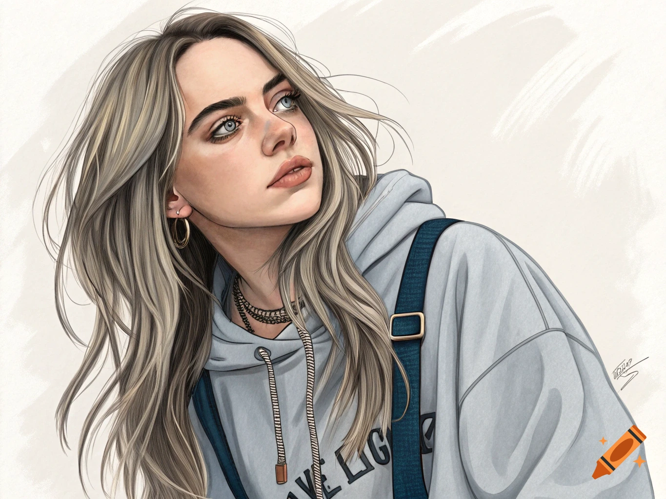 Digital illustration of a woman looking up, wearing a gray hoodie and blue overalls.