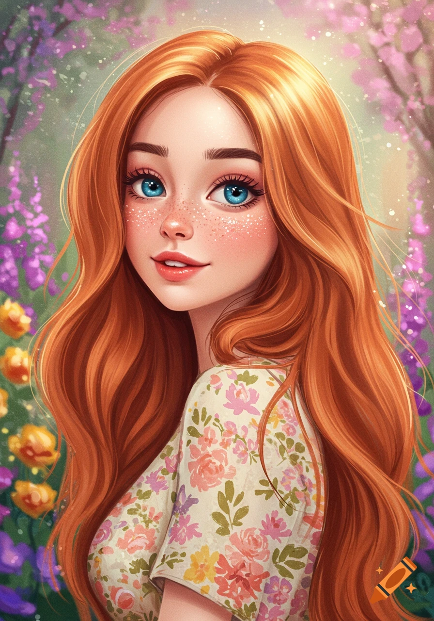 Illustration of a young woman with red hair and blue eyes in a floral dress surrounded by flowers.