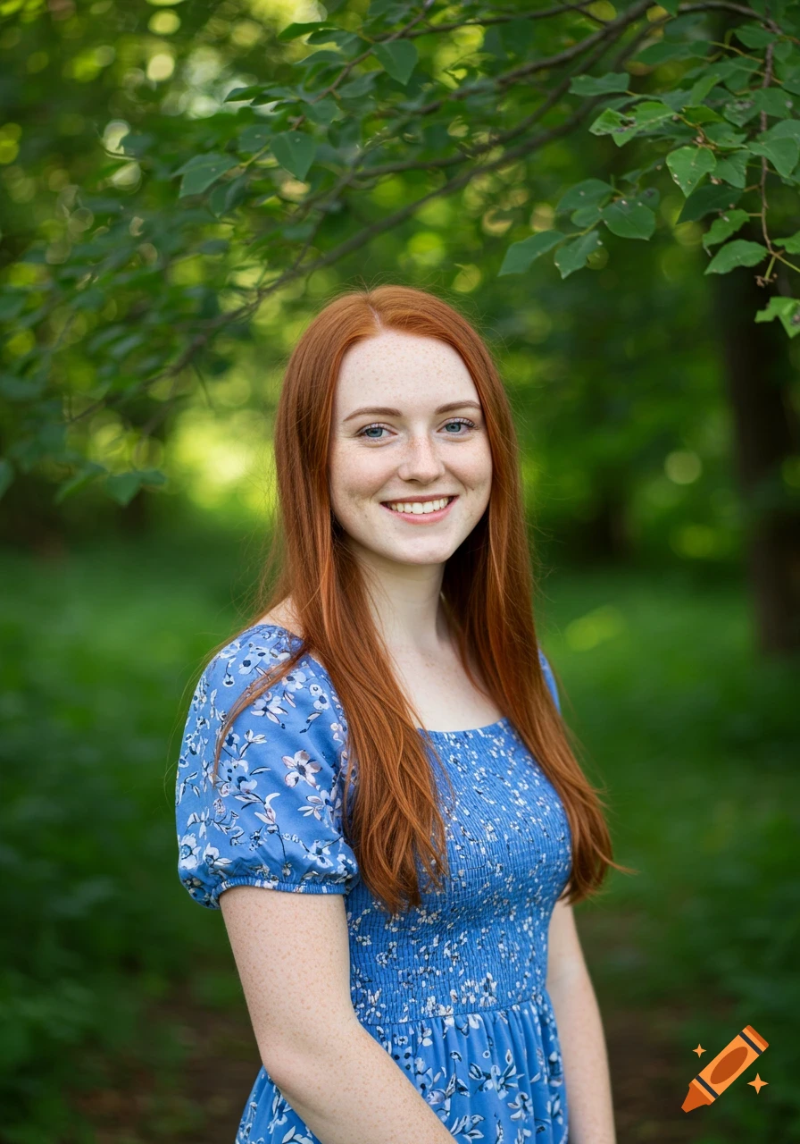 A smiling young woman with red hair and freckles wears a blue floral dress in a park.