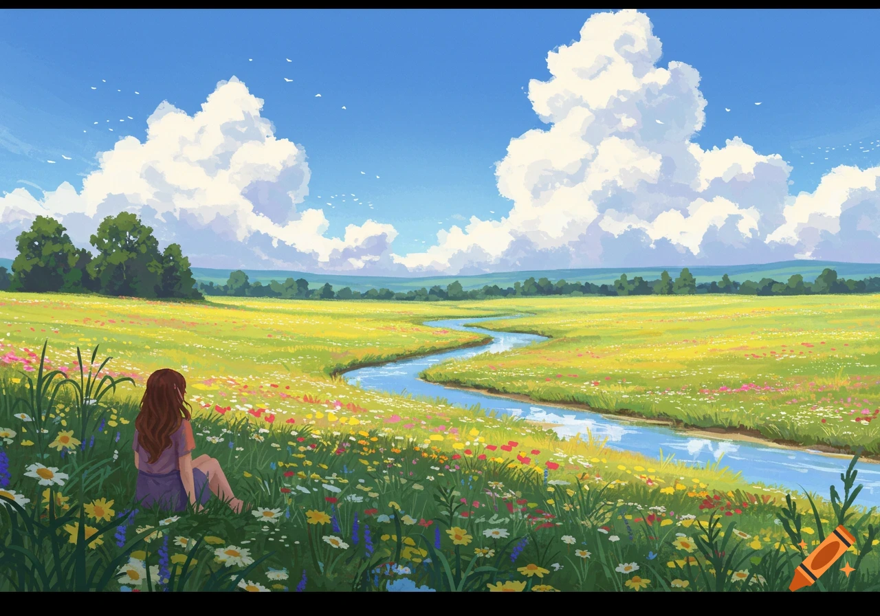 Person sits in a vast field of wildflowers by a winding river, looking at large clouds in the sky. Illustration/anime style.
