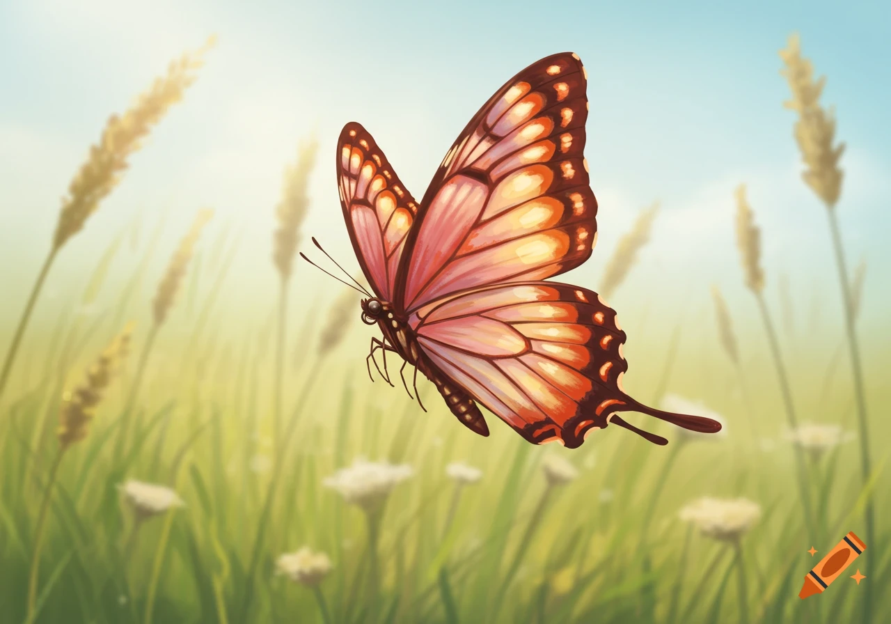 A vibrant butterfly with orange and pink wings flies over a field of grass.