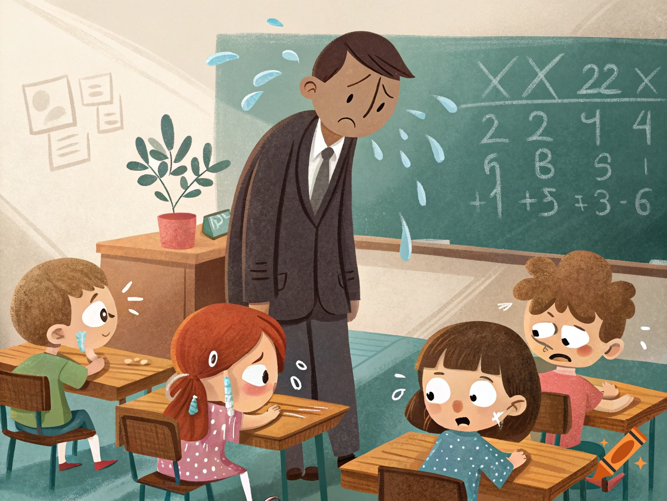 Cartoon illustration of a sad teacher and crying children in a classroom.