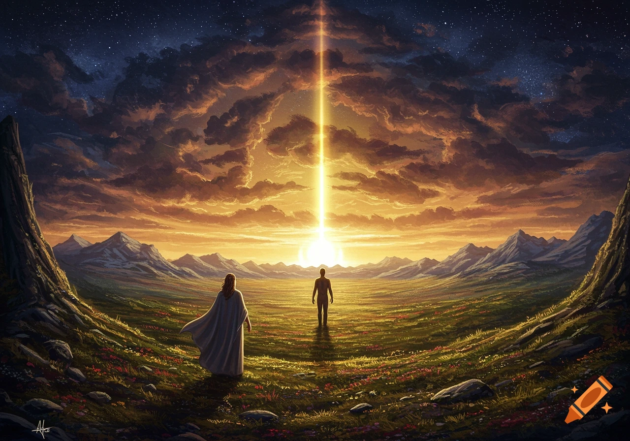 Two figures stand in a valley, looking towards a beam of light emanating from a dramatic sky above mountains.