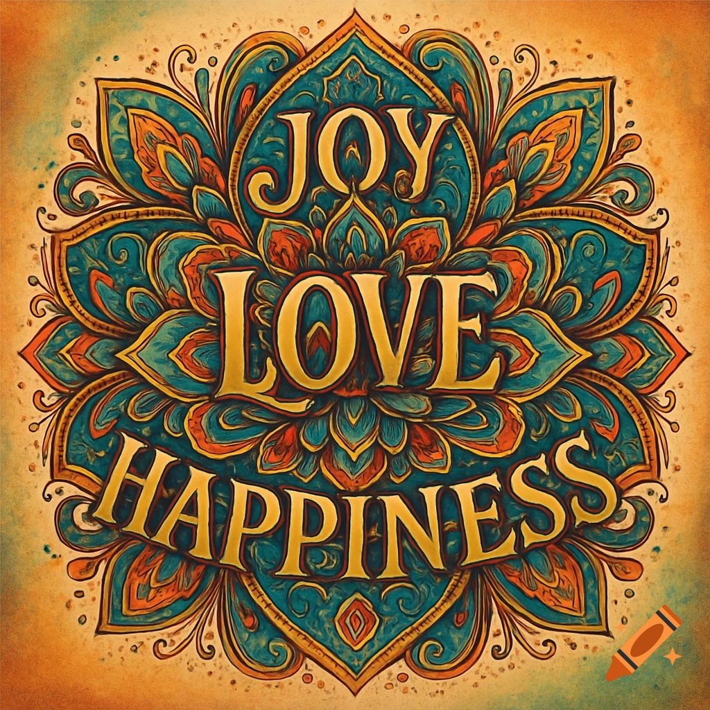 Mandala design with the words Joy, Love, Happiness