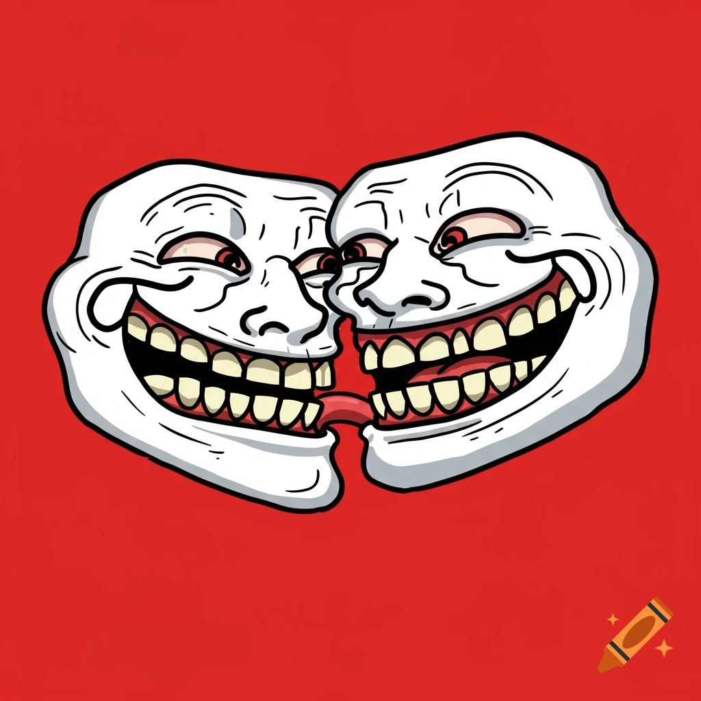 Cartoon illustration of two white troll faces kissing with tongues touching on a red background.