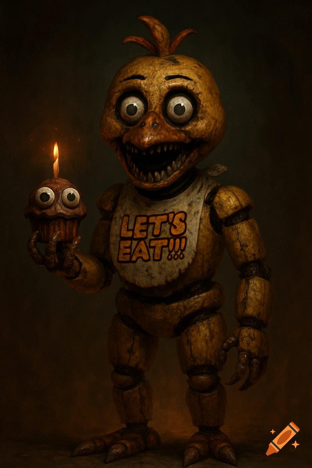 A creepy animatronic chicken holds a cupcake with eyes and wears a bib in a dark, horror-style image.