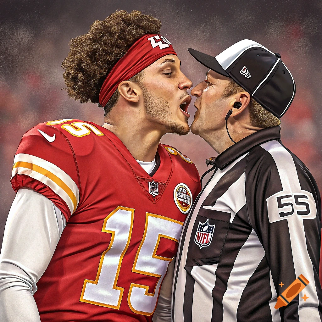 Patrick Mahomes shouts at a referee during a football game.