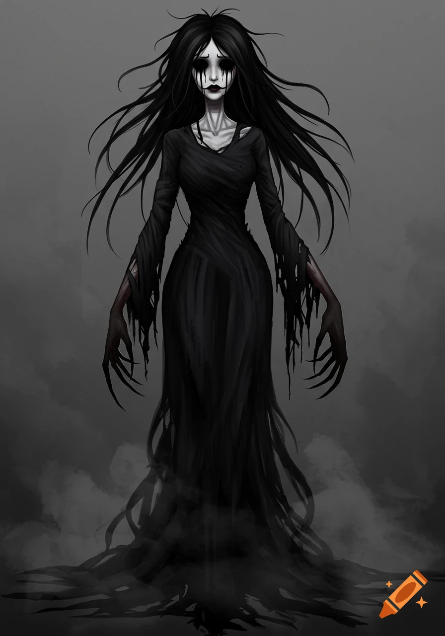 Tall, thin horror figure in black dress with dripping black eyes and sharp fingers.