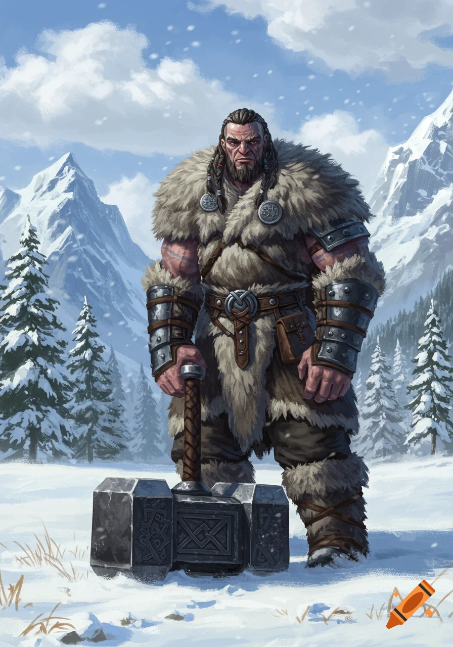A fantasy barbarian with a hammer is in a snowy mountain landscape