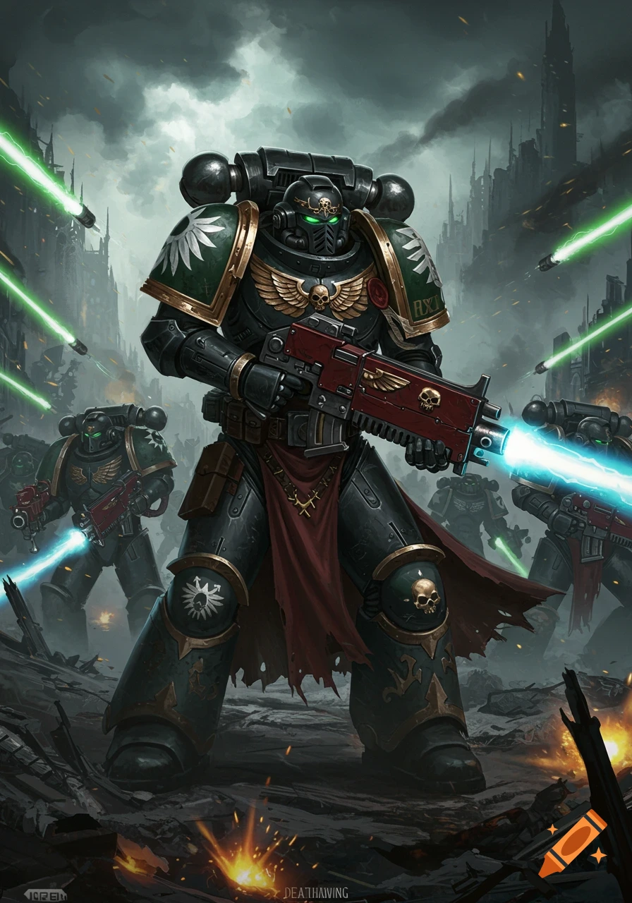 A Dark Angels Deathwing Space Marine leads troops in a ruined city battle.
