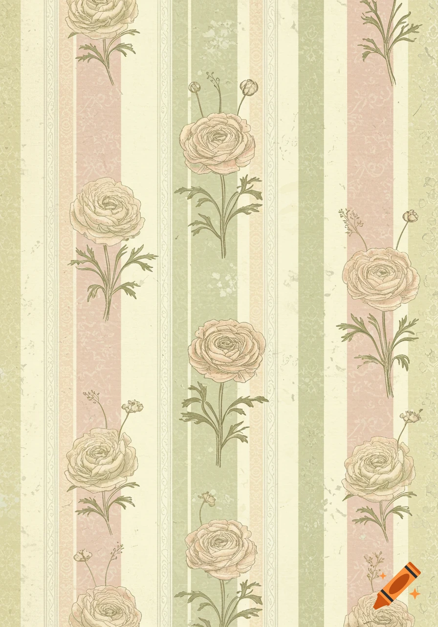 Vintage wallpaper pattern with vertical stripes in green, pink, and cream, featuring botanical illustrations of ranunculus flowers.