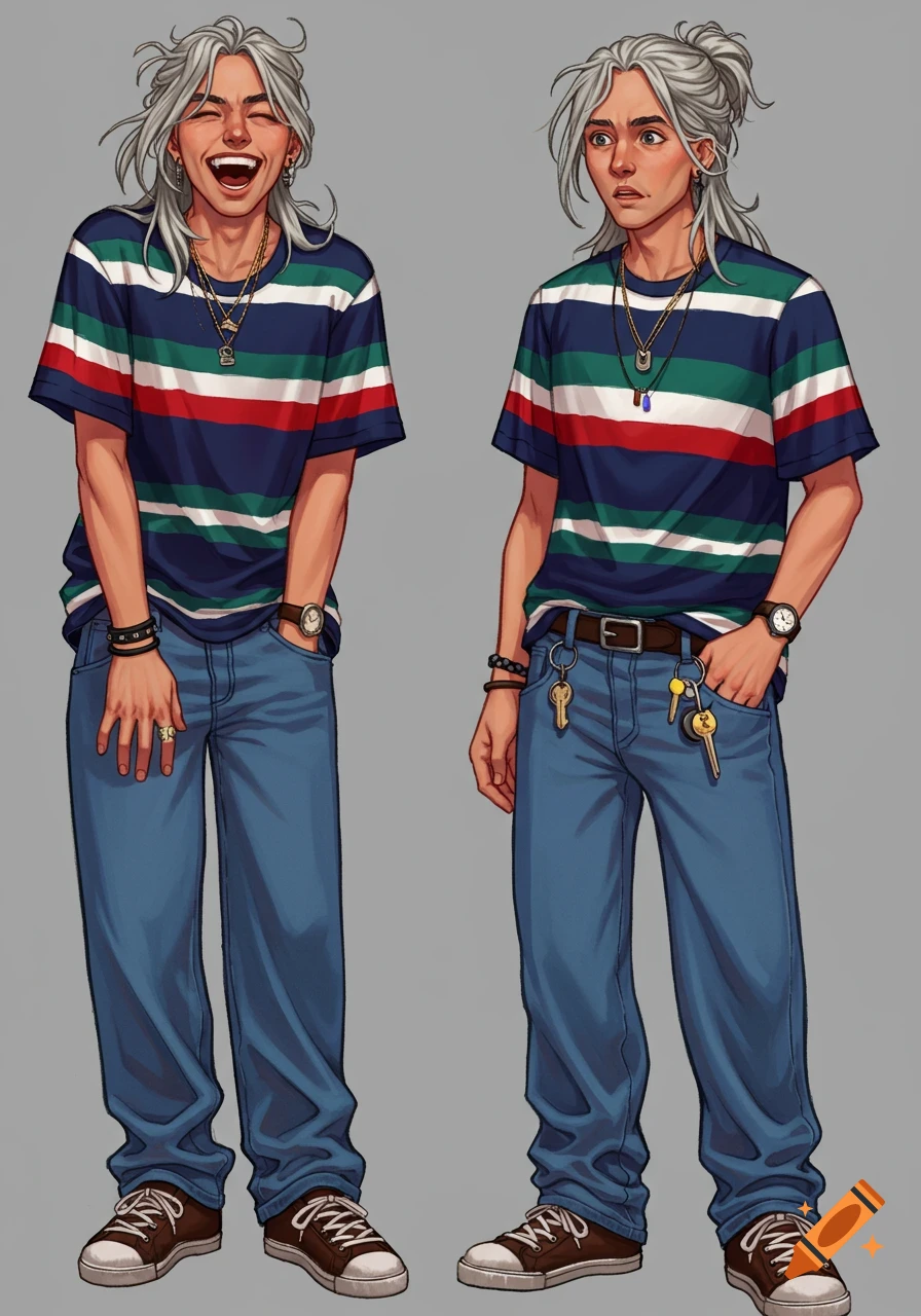 A character with gray hair in a striped shirt and jeans is shown laughing and surprised.