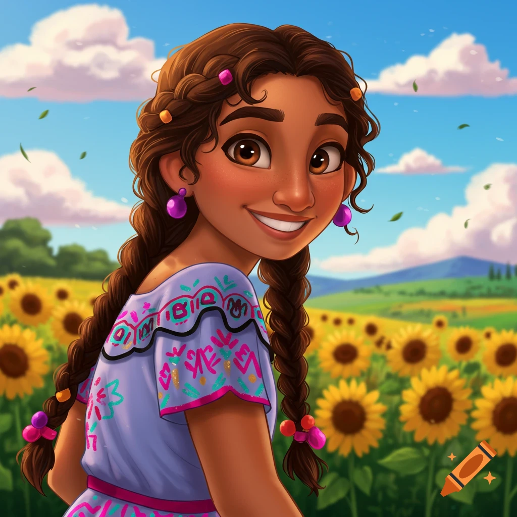 A cartoon portrait of a girl with braided hair and earrings, smiling in a field of sunflowers under a cloudy sky.