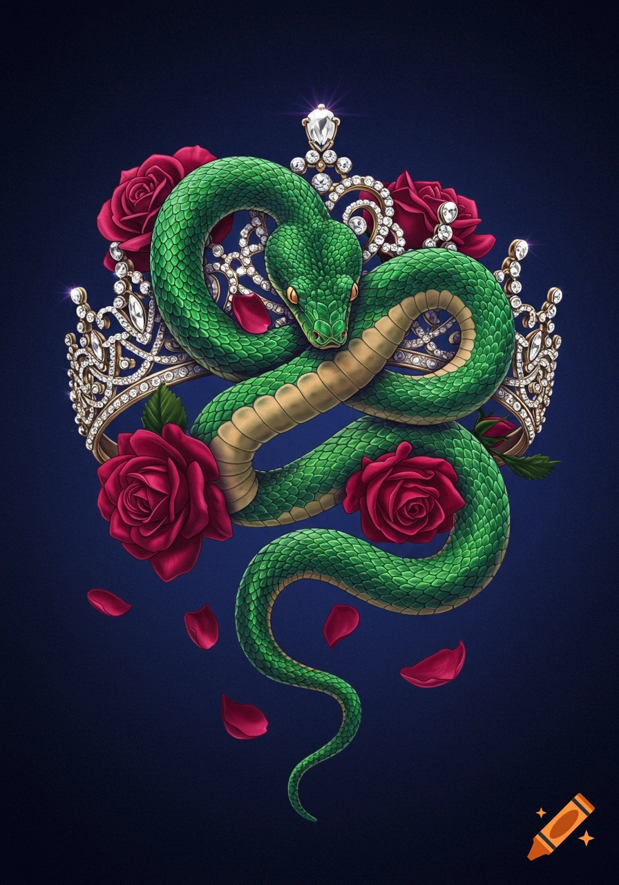 A green snake wrapped around diamond tiaras with red roses and petals.
