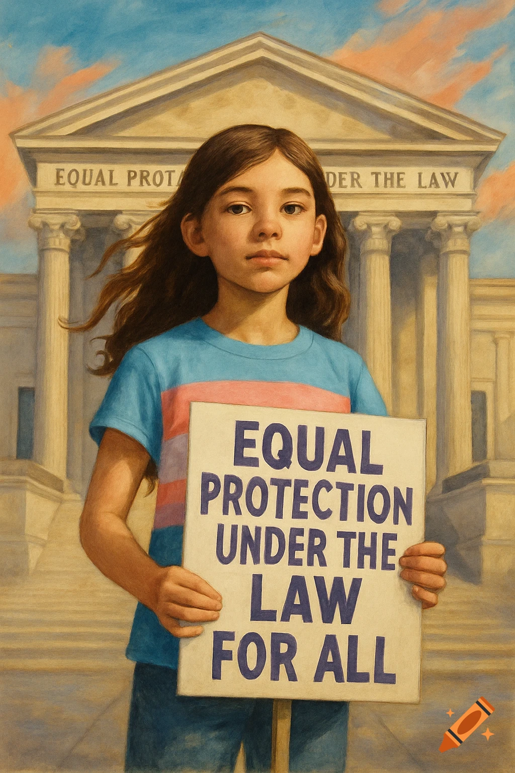 A girl holds an 'Equal Protection Under the Law For All' sign before a courthouse.