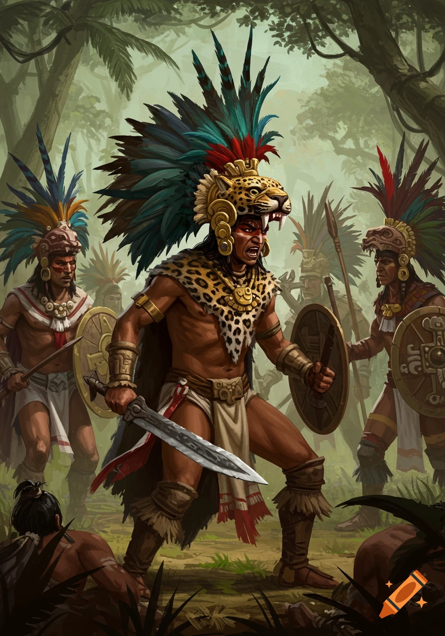 Illustration of Aztec warriors in a jungle clearing.