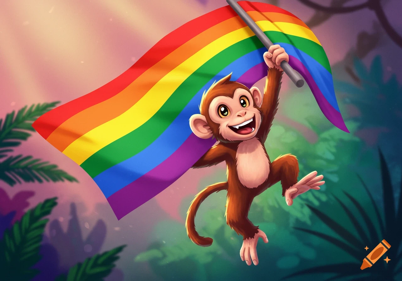 Cartoon monkey holding a rainbow pride flag in a jungle