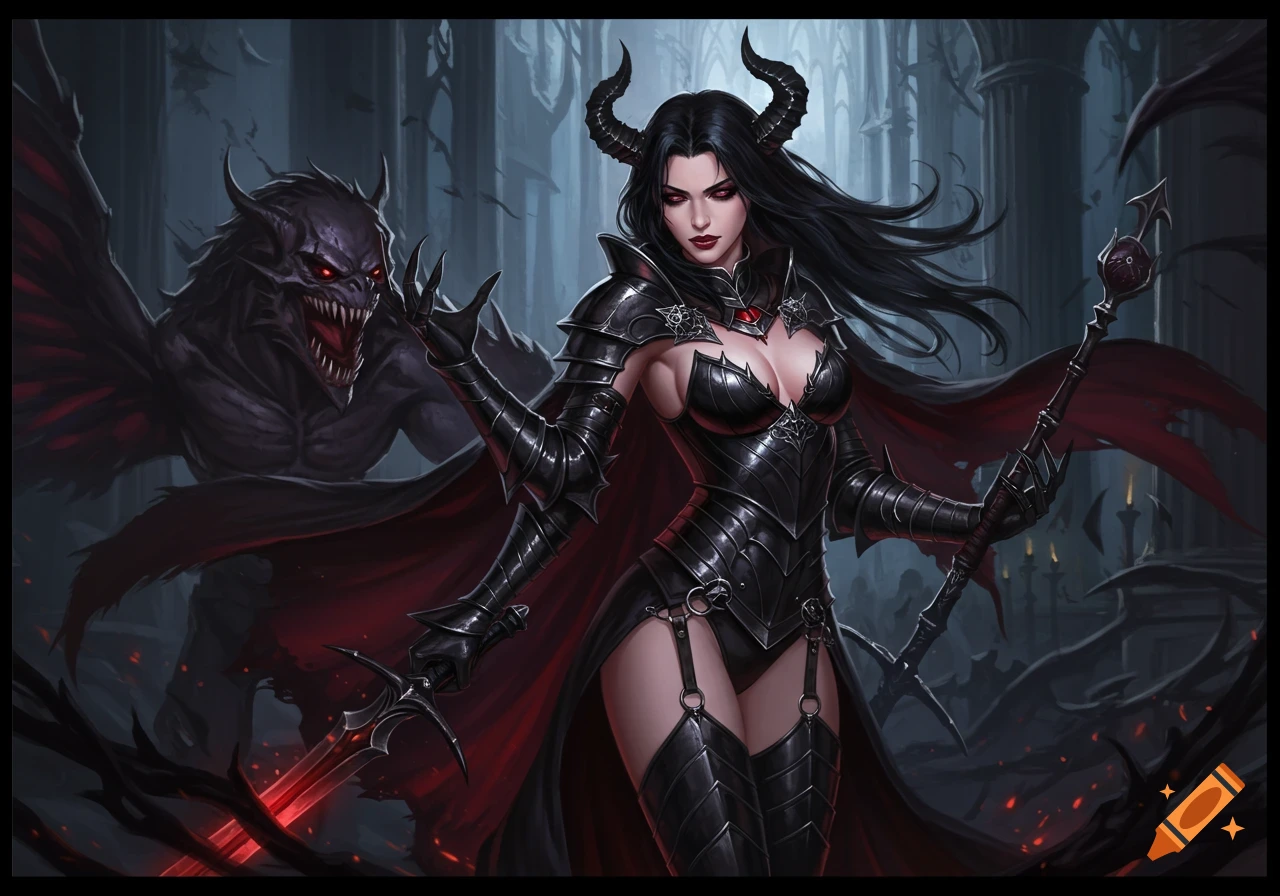 A dark fantasy woman in black armor with horns, holding a sword and staff, with a demonic creature behind her.