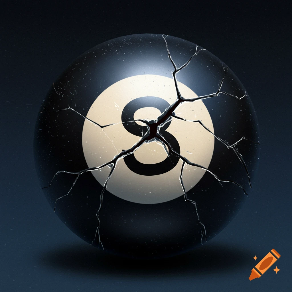A cracked black 8-ball with the number 8 on it.