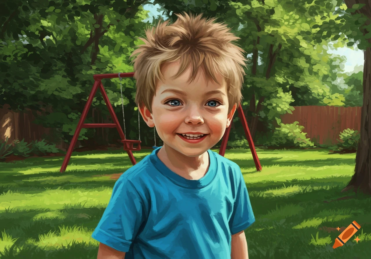 An illustration of a young boy in a blue shirt smiling in a sunny backyard with a red swing set.