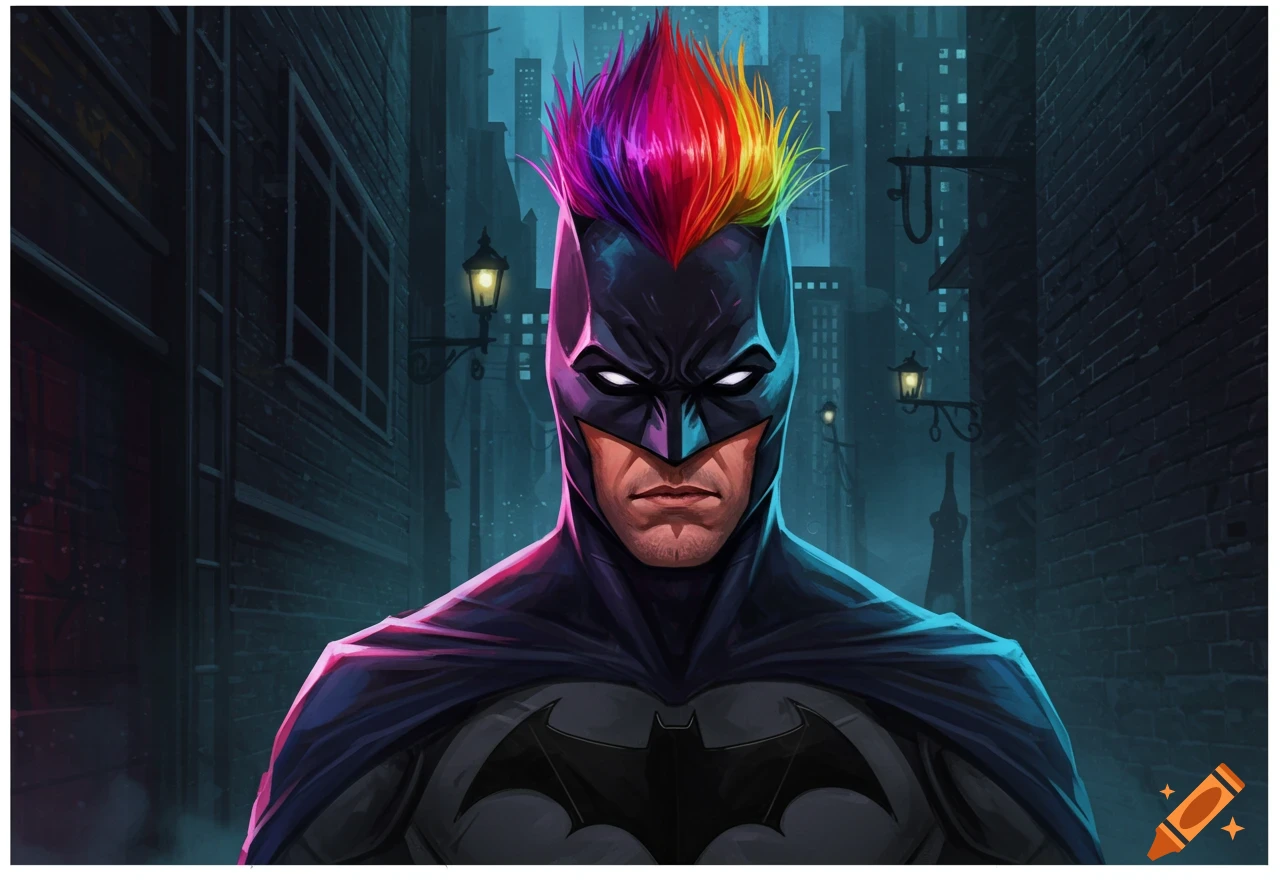 A picture of Batman with a rainbow mohawk in a dark alley.