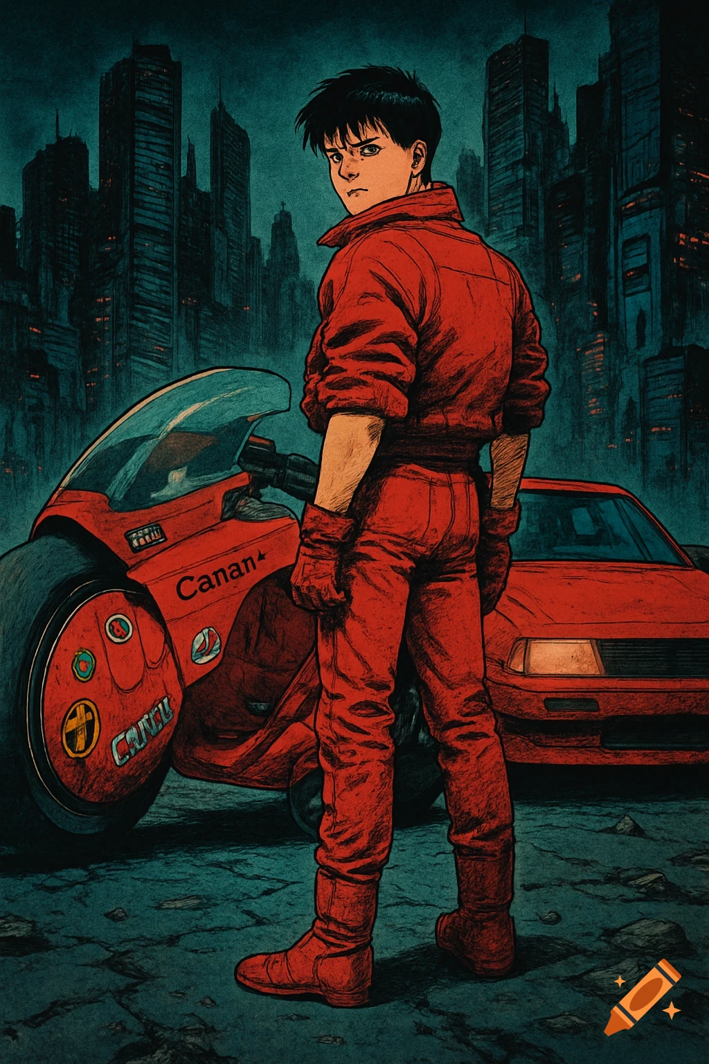 Man in red suit by red motorcycle in cyberpunk city, Akira style anime art.