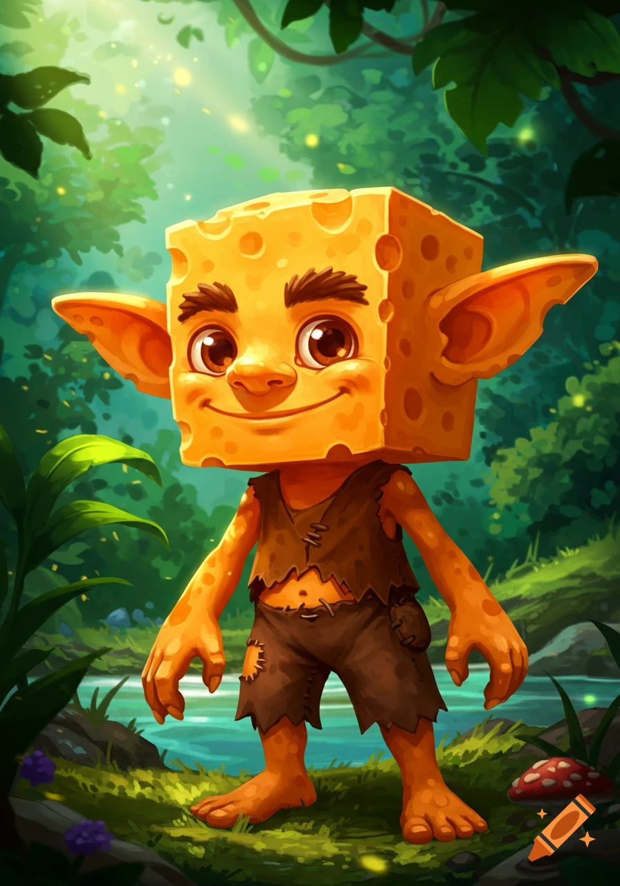 A cartoon goblin with a cheddar cheese block head in a forest.