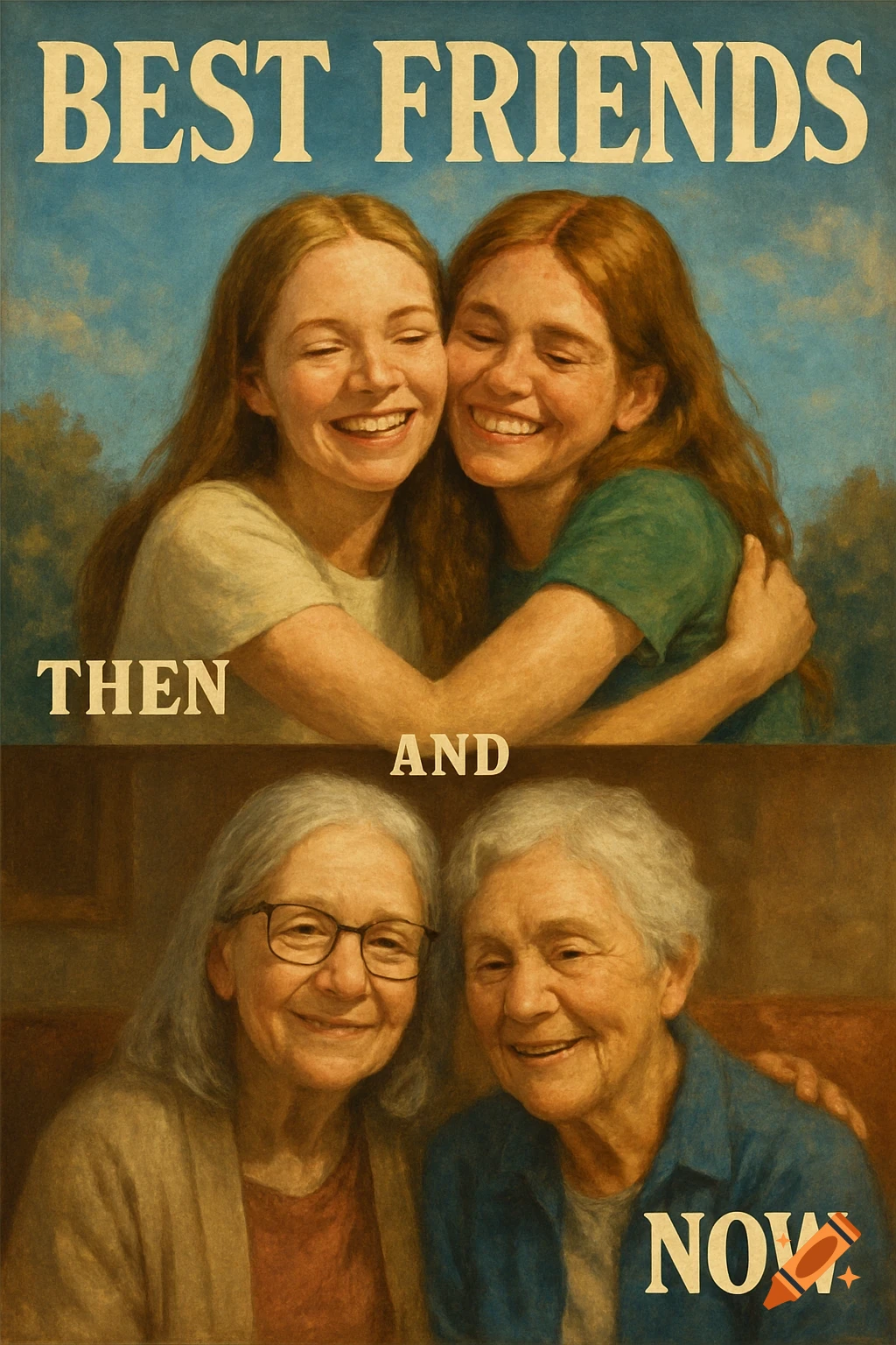 Split image showing two friends hugging when young and when older, in a painterly style. Text reads 'Best Friends Then and Now'.