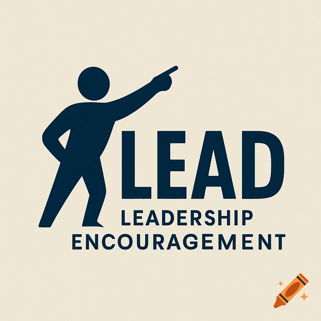 Logo with a person silhouette pointing forward and the words LEAD, LEADERSHIP, ENCOURAGEMENT.