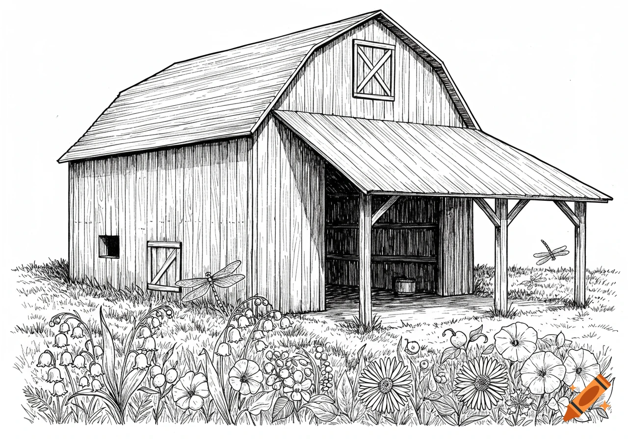 Black and white line drawing of a barn with flowers and dragonflies in the foreground.