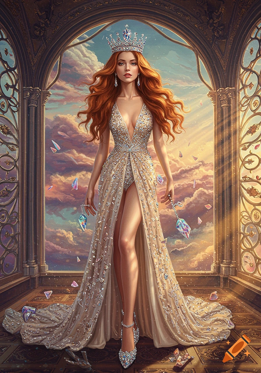 A queen in a shimmering crystal dress and crown stands in an ornate archway with falling crystals, surreal.