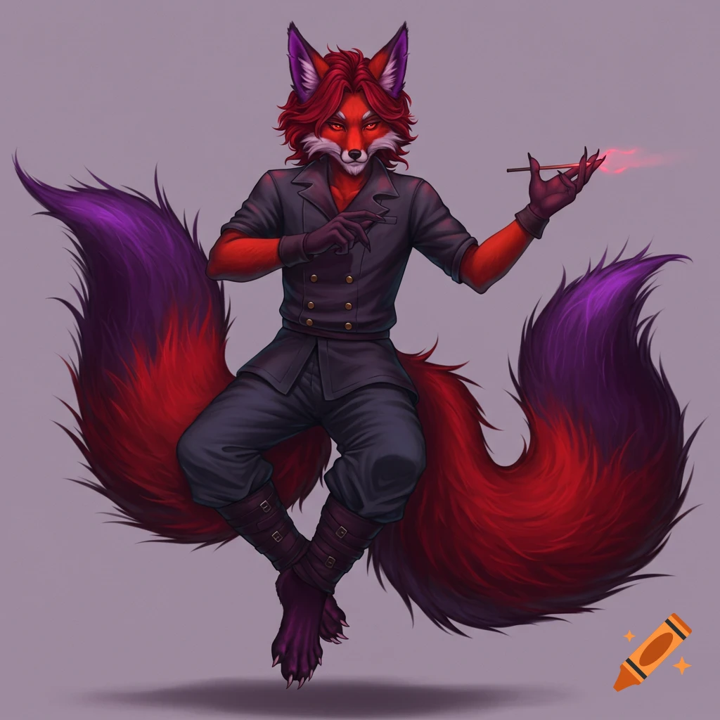 A foxy demi-human with red hair and purple ears, wearing a dark suit and holding a glowing object.