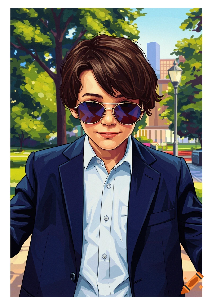 A young boy in a navy blazer and sunglasses in a park