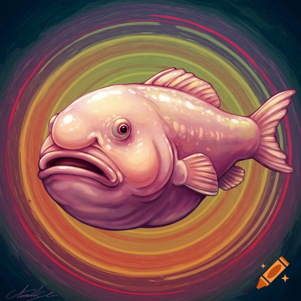A pink blobfish in a digital painting style floats against swirling colorful rings.