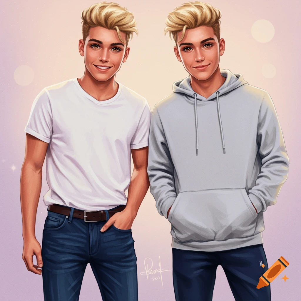 Two blonde male twins stand together, one in a white t-shirt and jeans, the other in a grey hoodie and dark pants.