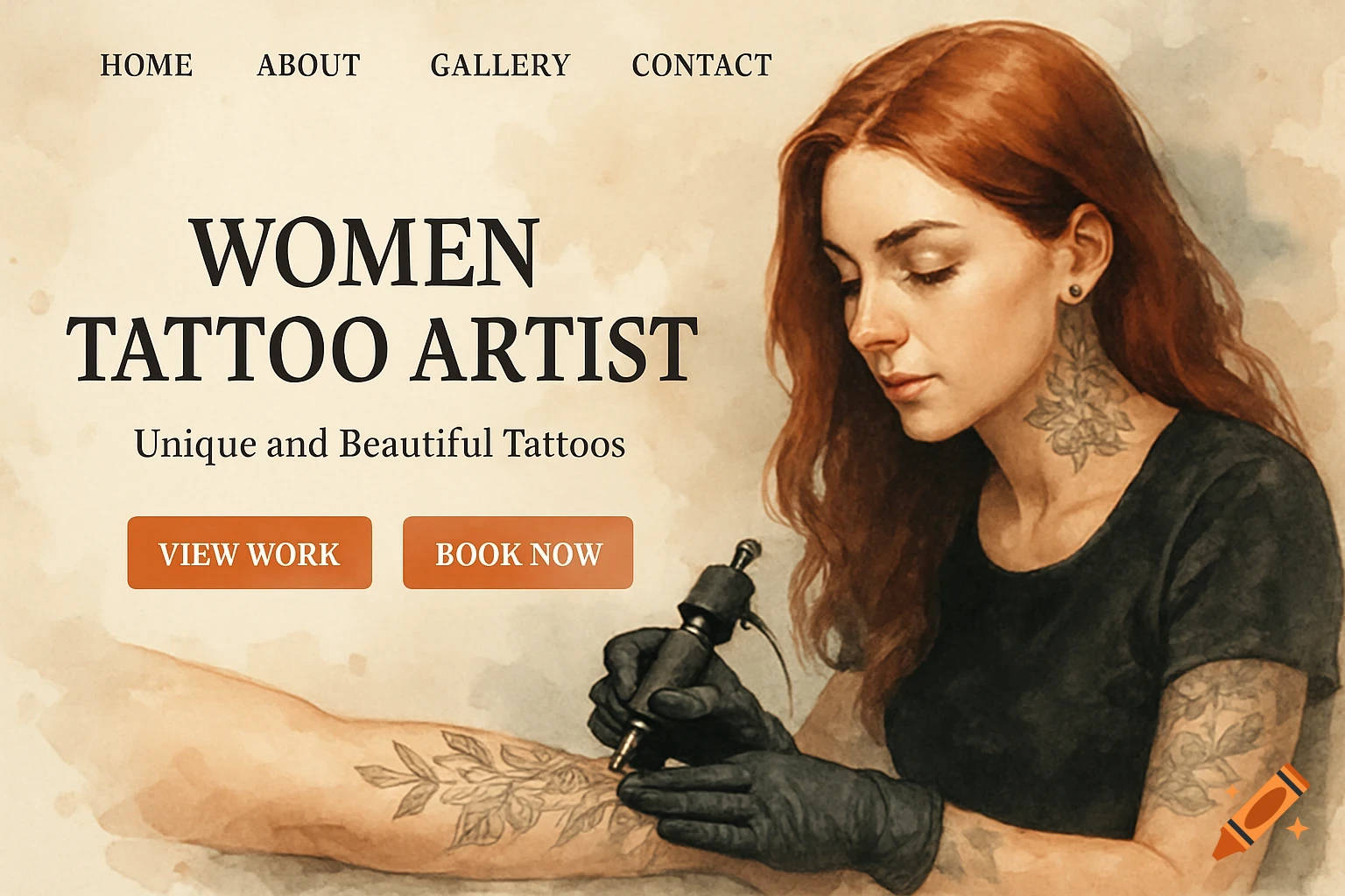 A woman tattoo artist is shown working, with website elements like navigation and buttons overlaid.