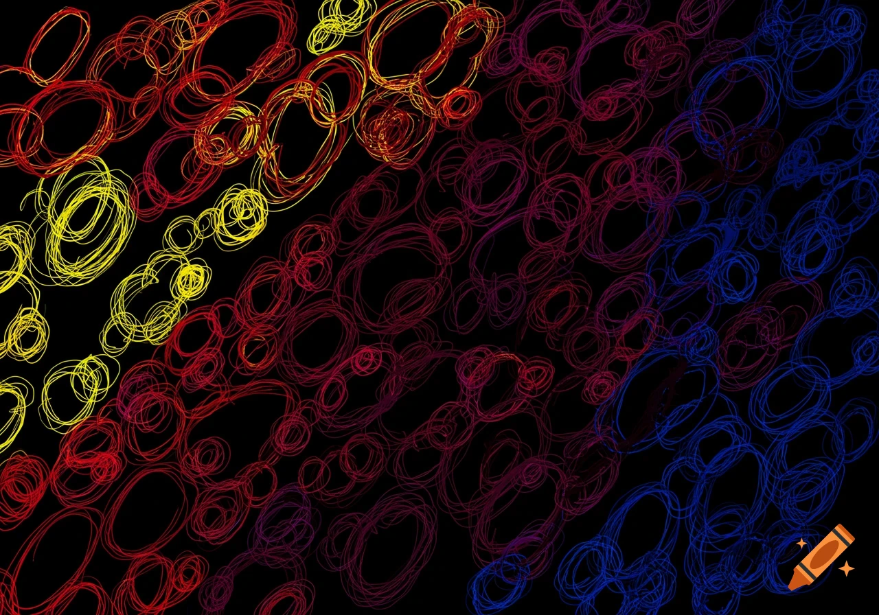 Abstract wavy lines in yellow, red, purple, and blue on a black background.