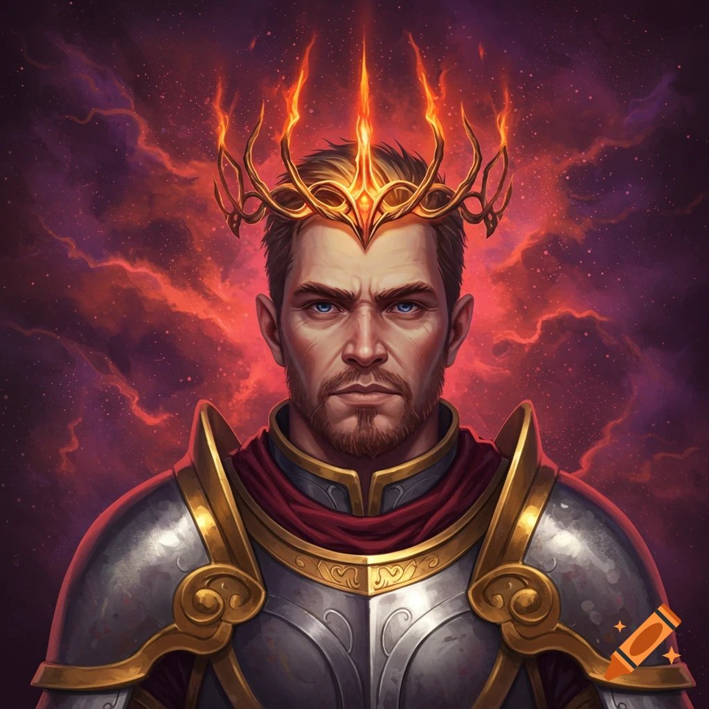 Portrait of a man in ornate silver and gold armor wearing a fiery crown.