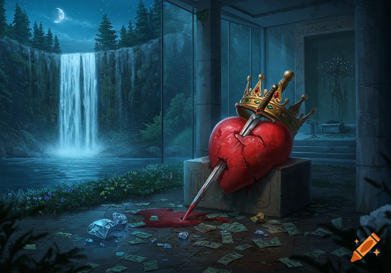A heart pierced by a sword wearing a crown sits on a pedestal amidst money and diamonds, with a waterfall and mansion in the background at night.