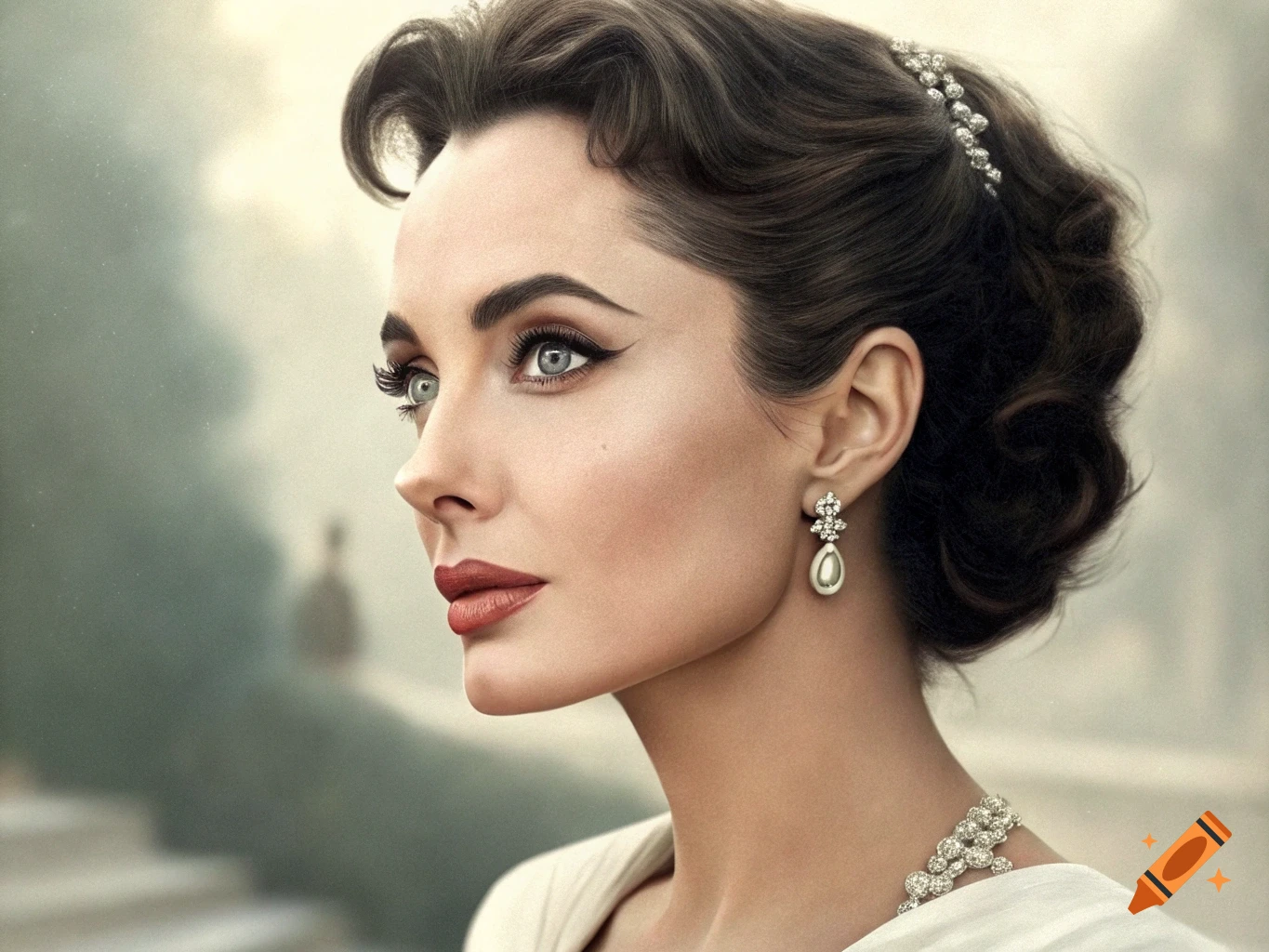 Portrait of a woman with features blended from actresses, wearing pearl and diamond earrings and necklace.