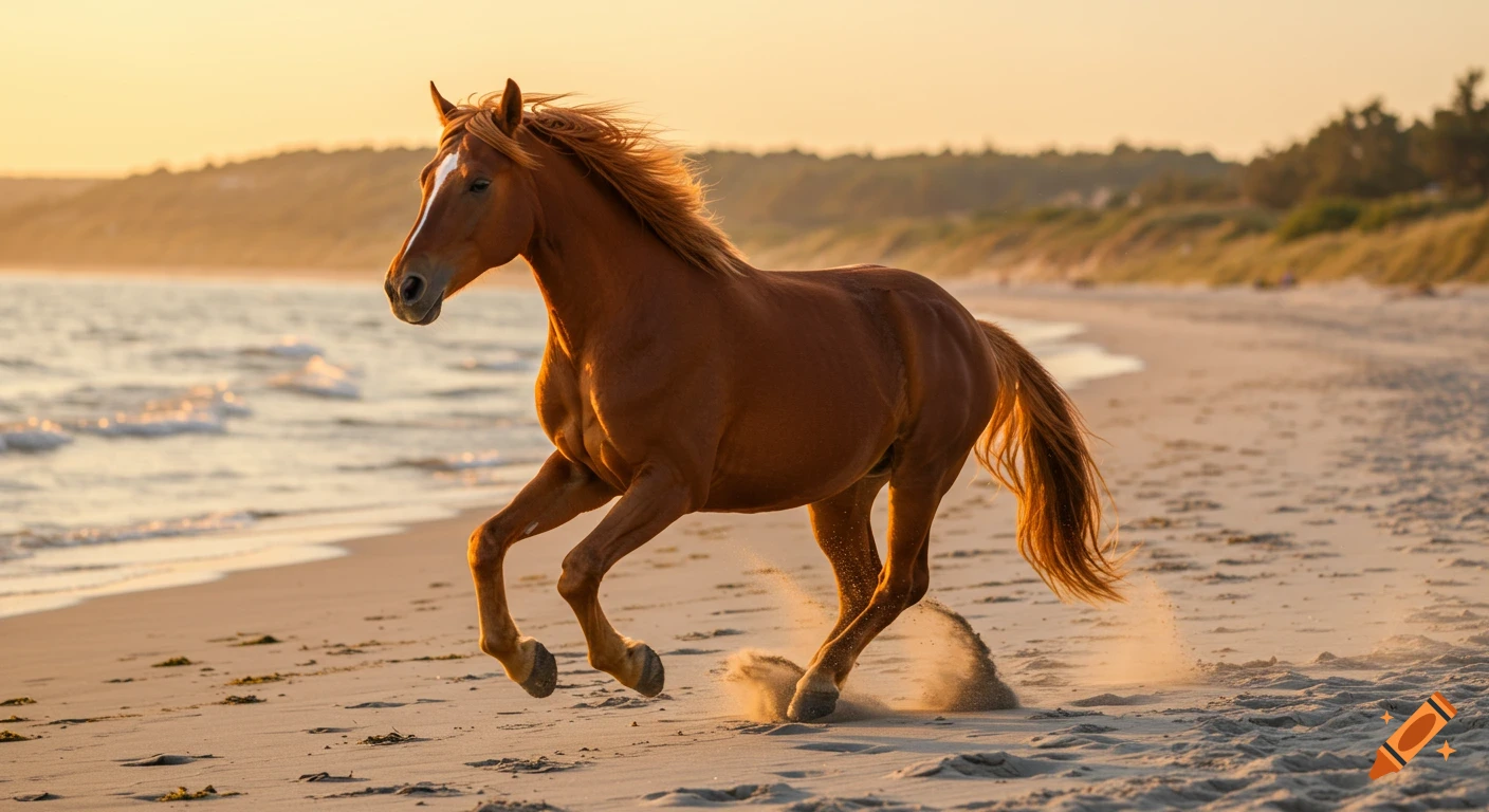 A brown horse runs on a sandy beach at sunset, kicking up sand.