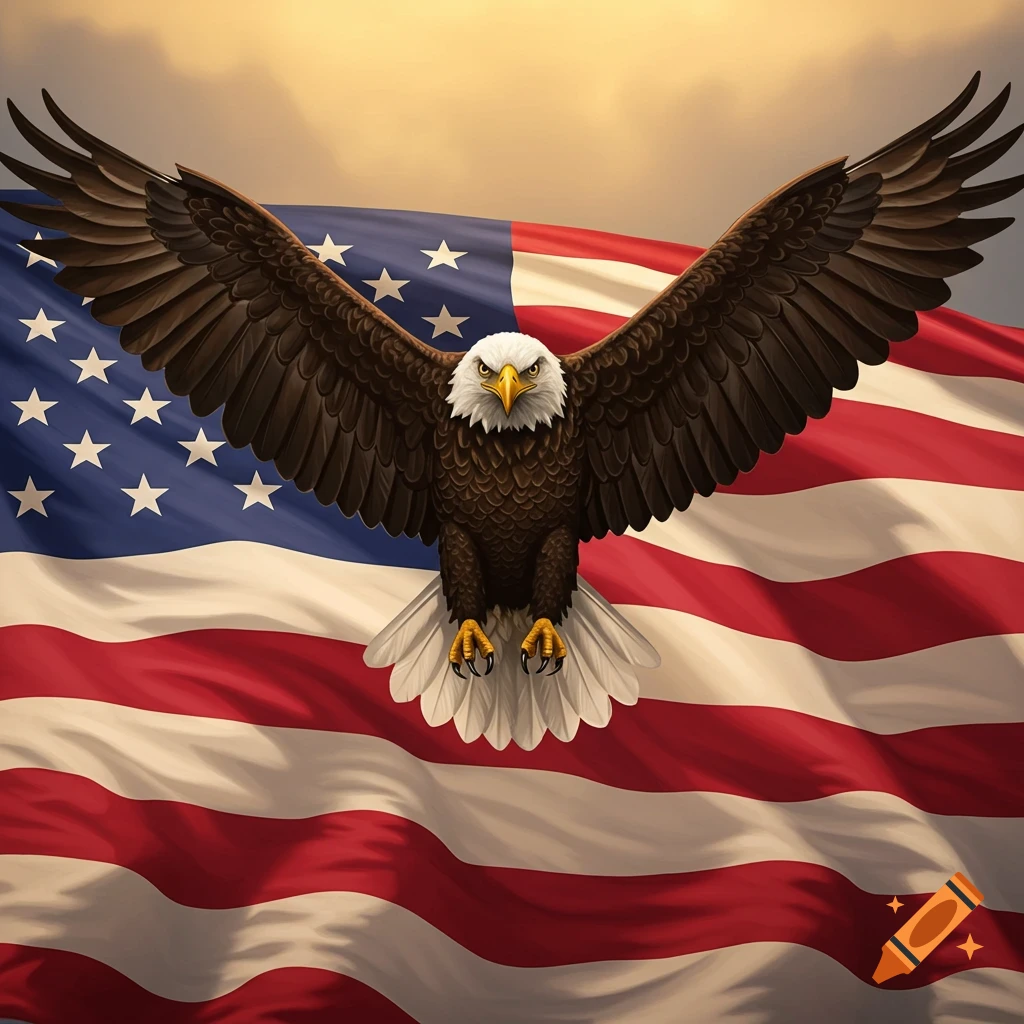 Bald eagle flying in front of a waving American flag.